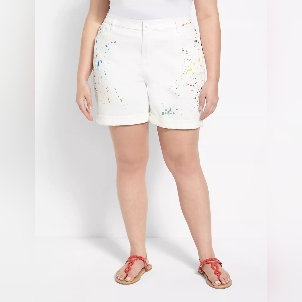 LANE BRYANT Boyfriend Midi Short Pride Paint Splatter mid Rise Essential Stretch